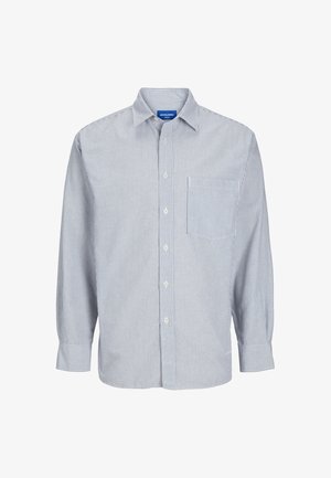 Blue and white striped long-sleeve button-up shirt, featuring a classic collar and a chest pocket. Made from lightweight fabric.