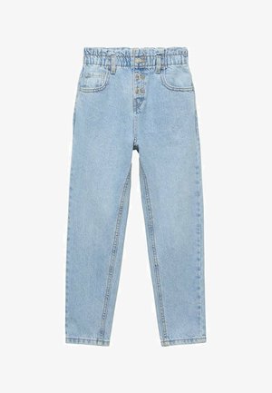 Jeans di denim azzurro chiaro con una alta vita elastica, chiusura a cinque bottoni e design a gamba dritta. Presentano una cucitura classica e tasche laterali.