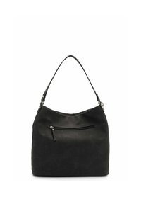 Mustast seemisnahast õlakott ühe rihmaga ja horisontaalse luku taskuga ees, valgel taustal.