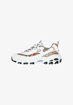 White athletic sneaker with multicolored wavy pattern and black sole. Features laces, a padded collar, and a logo on the side.