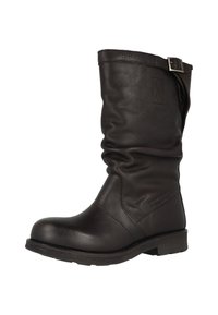 Brązowy skórzany wysoki but za kolano o luźnym fasonie, płaskiej podeszwie i ozdobie w postaci klamry blisko góry. Widoczna faktura powierzchni oraz detale przeszyć.