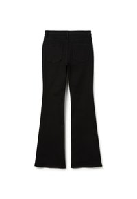 Pantaloni neri a palazzo realizzati in tessuto texturizzato, con una vita alta, due tasche posteriori e una finitura liscia.