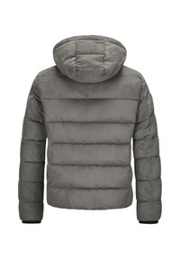 Graue gepolsterte Jacke mit strukturiertem Finish, versehen mit einer Kapuze und gestepptem Design. Die Ärmelabschlüsse haben elastische Akzente und der Rücken ist glatt.