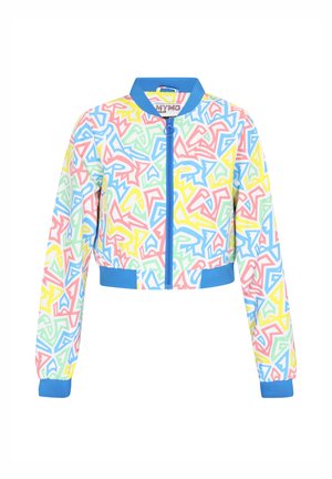 Jachetă bomber decupată cu un model geometric abstract multicolor, fabricată dintr-un material moale, având un fermoar și manșete albastre.