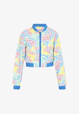 Skórzana kurtka bomberka o skróconym kroju z wielokolorowym abstrakcyjnym wzorem geometrycznym, wykonana z miękkiego materiału, z niebieskim zamkiem błyskawicznym i mankietami.