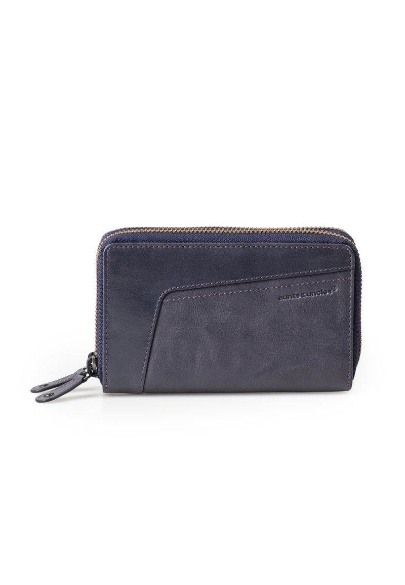 Leren portefeuille in donkerblauw met een gladde textuur, voorzien van een contrasterende rits, een voorkant vak, en een discreet logo detail.