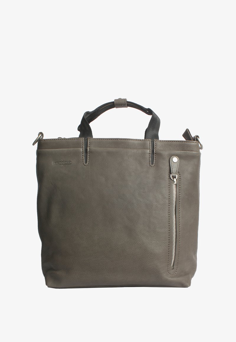 Borsa a spalla in pelle grigia con due manici corti e tracolla regolabile. Presenta una tasca con zip frontale e una finitura testurizzata.