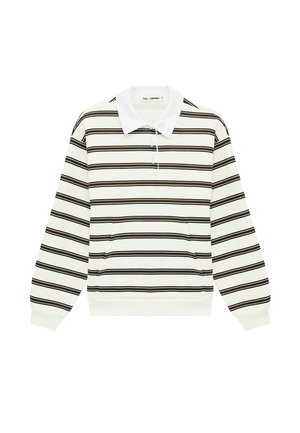 Polo bianca a maniche lunghe con righe orizzontali nere e una tasca frontale a marsupio, caratterizzata da un colletto bianco e polsini e orlo a costine.