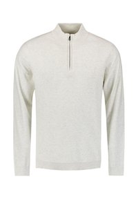 Lichtgrijze longsleeve pullover met een kwart-rits, gemaakt van zacht materiaal met ribgebreide manchetten en zoom, met een gestructureerde afwerking.