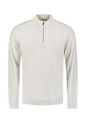 Lichtgrijze longsleeve pullover met een kwart-rits, gemaakt van zacht materiaal met ribgebreide manchetten en zoom, met een gestructureerde afwerking.