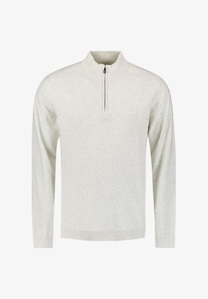 Lichtgrijze longsleeve pullover met een kwart-rits, gemaakt van zacht materiaal met ribgebreide manchetten en zoom, met een gestructureerde afwerking.