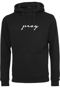 Schwarzer Kapuzenpullover aus einem weichen Stoff mit einer Fronttasche. Auf der Brust befindet sich in weißer Schreibschrift der Schriftzug "pray" und die Kapuze hat Kordelzüge.