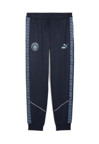 Navy Trackpants aus synthetischem Material verfügen über einen blauen, gemusterten Seitenstreifen, das Logo von Manchester City und "KING" in Hellblau.