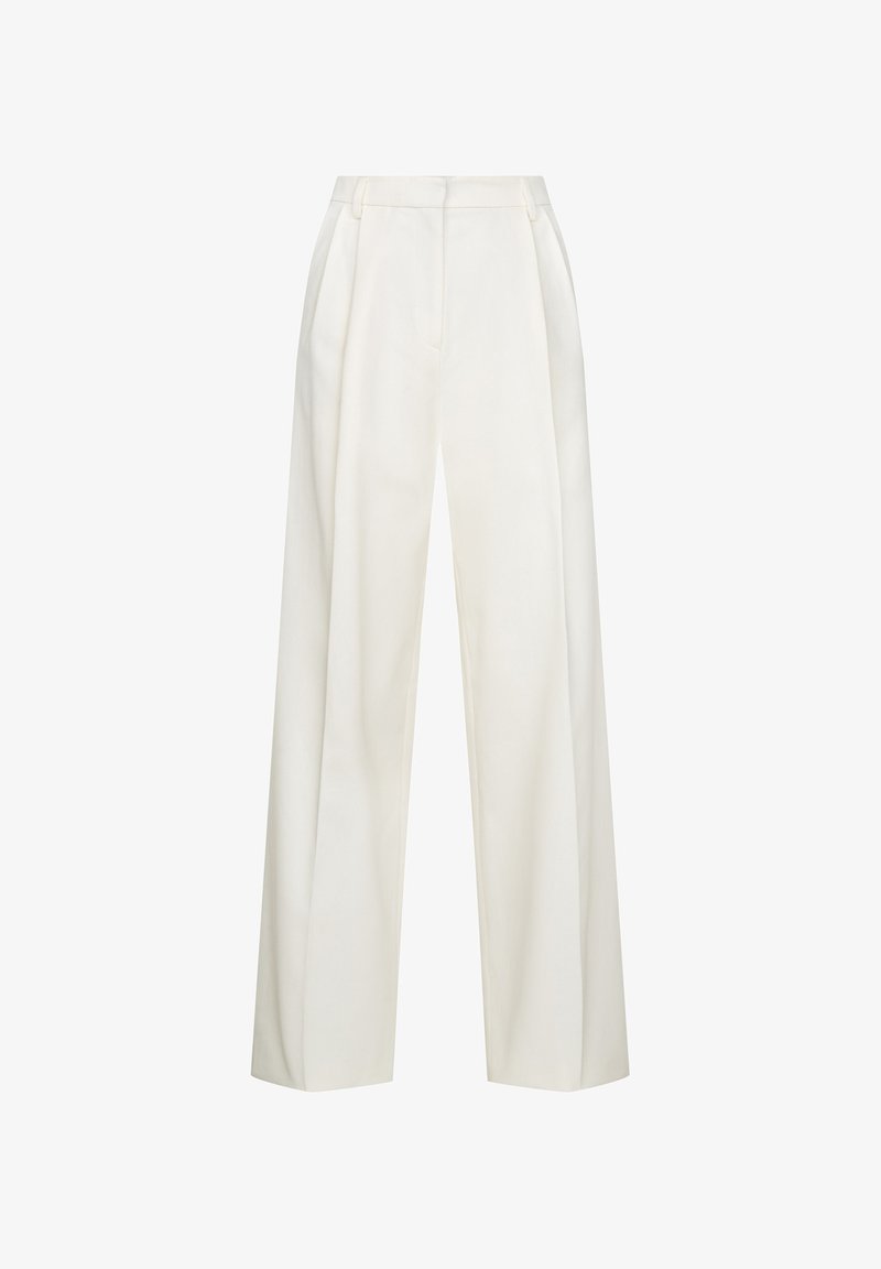 High-waist wide-leg white trousers with pleats, belt loops, and pockets, designed for a relaxed yet polished fit.