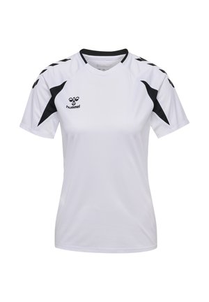 Biały sportowy krótki rękaw z czarnymi akcentami na ramionach i bokach, z logo Hummel na piersi.