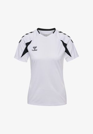 Biały sportowy krótki rękaw z czarnymi akcentami na ramionach i bokach, z logo Hummel na piersi.