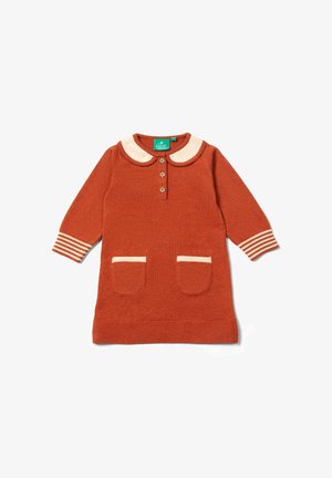 Eine rostfarbene Kleid mit einem kremfarbenen Kragen, drei Knöpfen entlang der Vorderseite, langen Ärmeln mit gestreiften Manschetten und zwei vorderen Taschen.