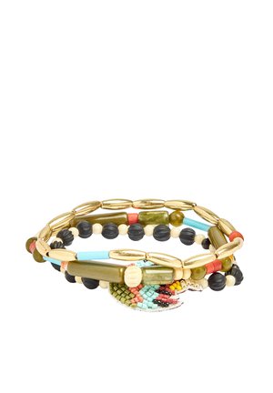 Kolorowa bransoletka z koralików z koralikami w kolorze złotym, czarnym, zielonym, turkusowym, koralowym i beżowym, ułożonymi w wiele pętli.