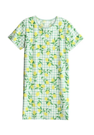 Short-sleeve dress with green and white gingham pattern featuring yellow lemons and green leaves scattered throughout.