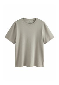 Jasnoszara, krótką rękaw T-shirt wykonany z miękkiej bawełny. Posiada okrągły dekolt i luźny krój o gładkiej fakturze. Brak widocznych wzorów lub akcentów.