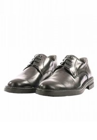 Scarpe eleganti in pelle nera con finitura liscia, punta arrotondata, sei fori per i lacci e una robusta suola in gomma nera con battistrada minimo.
