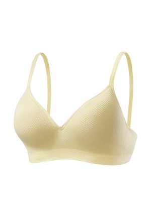 Yellow stretch fabric bra with a textured surface, V-neck design, and adjustable straps. No underwire, smooth band below the cups.