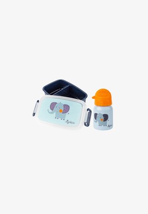 Plastic lunch box with blue elephant design, transparent lid, two compartments, and a matching light blue water bottle with an orange cap.