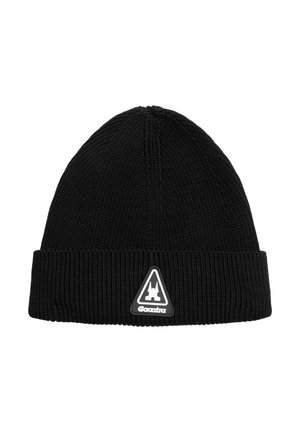 Black rib-knit beanie with folded cuff featuring a triangular Gaastra logo patch on the front center.
