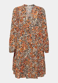 Robe fleurie à manches longues, avec un motif floral orange, blanc et noir, un décolleté en V et une jupe à volants.