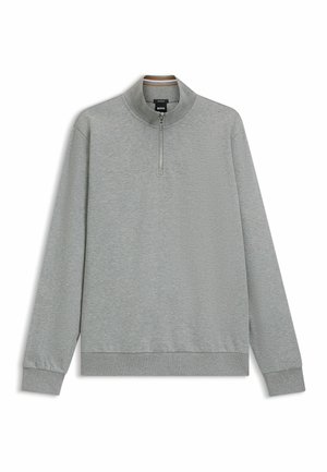 Light gray sweatshirt with a high collar, half zip closure, long sleeves, and ribbed cuffs and hem. Soft texture, casual fit.