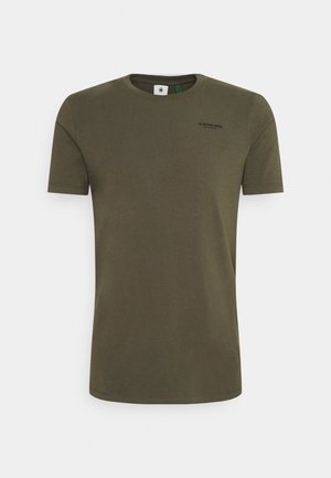 Olive green short-sleeve t-shirt made of cotton. Features a crew neckline and a small printed logo on the chest. Smooth texture.