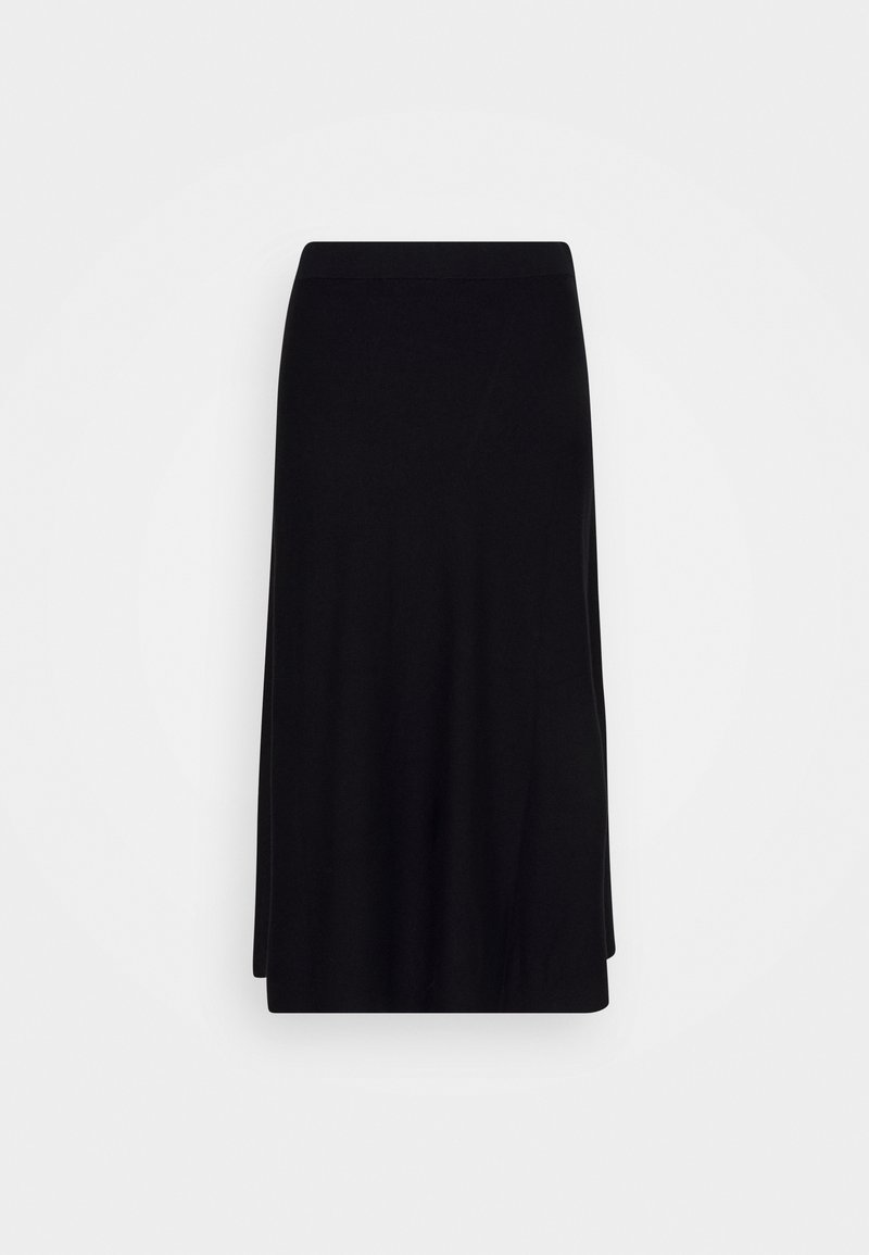 Jupe midi noire à coupe droite, légèrement évasée, avec une ceinture ajustée, présentée sur un fond blanc uni.