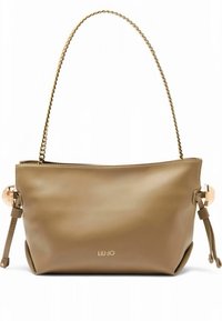 Tan leather shoulder bag with a chain strap, featuring a zip closure, side drawstrings, and a metallic logo accent on the front.