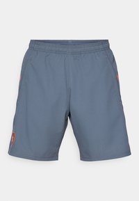 Grå atletiske shorts med elastisk talje, sidelommer og rød logo detaljer på venstre ben. Letvægts, glat stof med subtil glans.