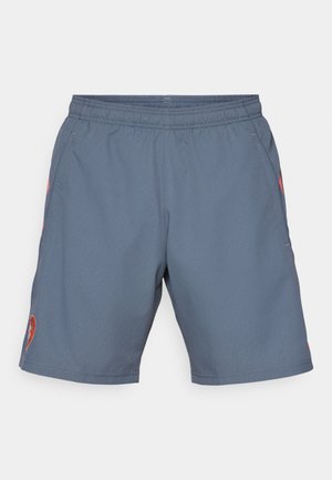 Šedé sportovní šortky s elastickým pasem, bočními kapsami a červeným logem na levé noze. Lehká, hladká tkanina s jemným leskem.