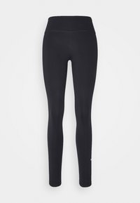 Svarta stretchiga leggings med hög midja, slät textur och en liten vit logotypdetalj nära ankeln. Snygg och figursydd design.