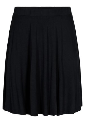 Jupe plissée noire en matériau doux et extensible avec une large ceinture, présentant une texture lisse et un design évasé.