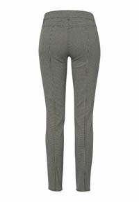 Slim-fit broek in een zwart-wit hounds-tooth patroon, met een middelhoge taille en achterzakken; textuurafwerking van de stof.