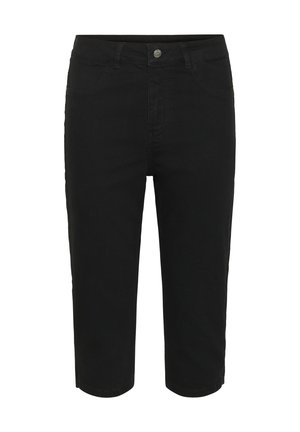 Pantaloni capri negri din denim, cu talie ajustată, design cu cinci buzunare și detalii fine de cusătură. Construiți dintr-un material texturat și neted.