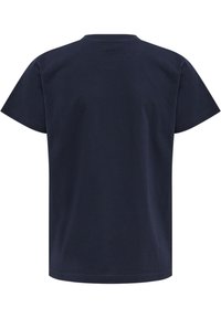 Marinblå bomulls T-shirt med rund hals och korta ärmar. Slät textur, standard passform, inga mönster eller utsmyckningar.