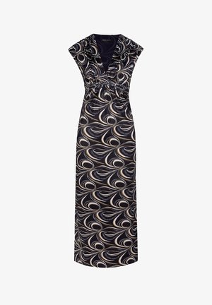 Maksikleita no gludas auduma melnā krāsā ar vijīgiem krēmbaltajiem un zeltainajiem motīviem. Iezīmēta ar V formas kakla izgriezumu un īsām piedurknēm, ar savilktām vidukli.