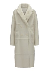 Doppelreihiger weißer Mantel aus weichem, strukturiertem Stoff. Mit breitem Kragen, zwei Fronttaschen und Knopfverschlüssen.