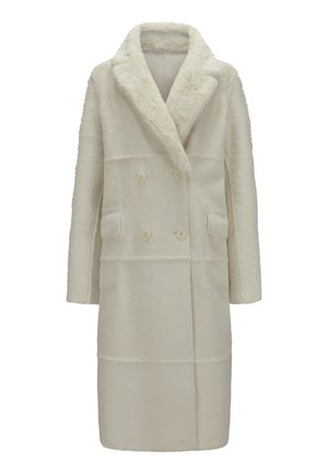 Doppelreihiger weißer Mantel aus weichem, strukturiertem Stoff. Mit breitem Kragen, zwei Fronttaschen und Knopfverschlüssen.