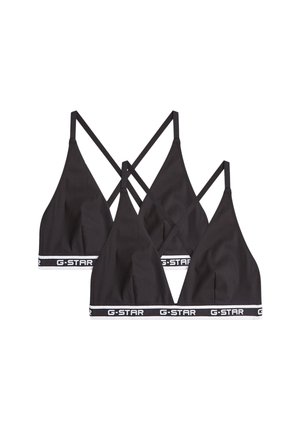 Kaksi mustaa kolmionmuotoista bralette-topia, joissa on ohuet hihnat ja pohjareunassa joustavat nauhat, joissa lukee G-STAR.