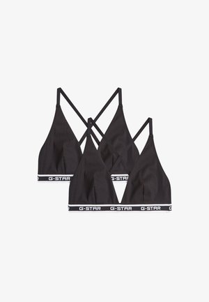 Dwa czarne trójkątne topy bralette z cienkimi ramiączkami i elastycznymi taśmami z napisem G-STAR wzdłuż dolnej krawędzi.