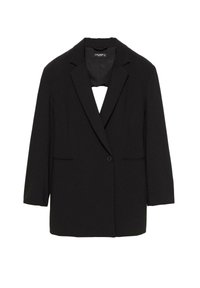 Schwarzer Blazer aus glattem Stoff mit einem einzelnen Knopfverschluss, zwei Vorderaschen und einem Reverskragen. Strukturierte Passform mit Dreiviertelärmeln.