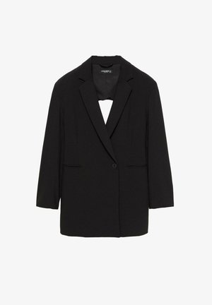 Blazer nero realizzato in tessuto morbido, dotato di chiusura con un singolo bottone, due tasche frontali e colletto a risvolto. Vestibilità strutturata con maniche a tre quarti.