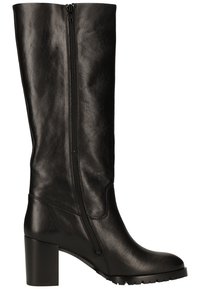 Stivale in pelle nera alto fino al ginocchio con punta quadrata, tacco spesso, cerniera laterale e texture liscia. Progettato per resistenza e comfort.