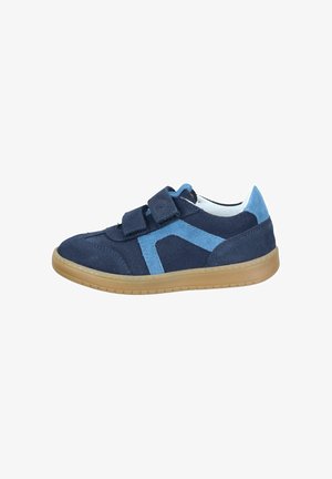 Blue and navy suede sneakers with strap closure, rubber sole, contrasting light blue accents, and rounded toe design.