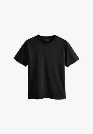 Czarny bawełniany t-shirt z krótkim rękawem, okrągłym dekoltem i gładką teksturą. Bez grafik ani wzorów. Standardowy krój.